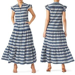 PALOMA BLUE‎ Silk Cotton Flutter Sleeve Button Front Tiered Ruffle Maxi Dress L